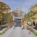 Bamboo Pergola Arched Structure With Golden Trees Surrounding Outdoor Area And People Walking Through