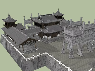 Ancient Chinese Architecture Complex Featuring Traditional Courtyard Pavilion Archway And Classic Roof Design 3d model