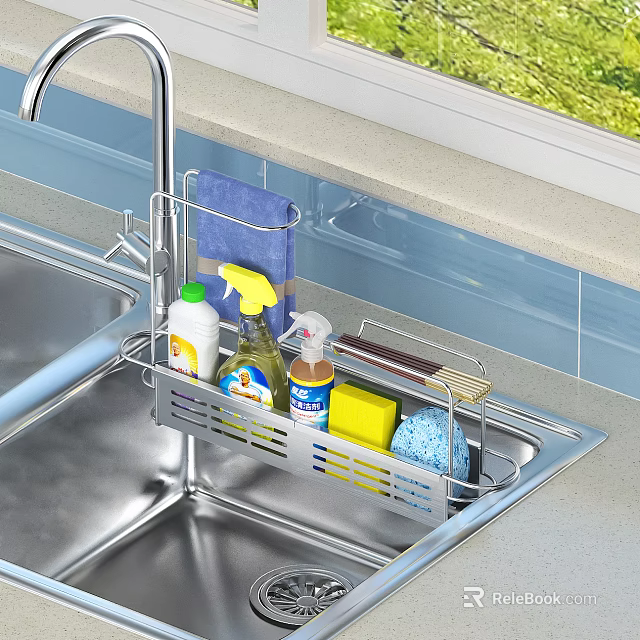 Kitchen Sink With Metal Rack Holding Cleaning Supplies Sponge And Dishcloth 3d model 