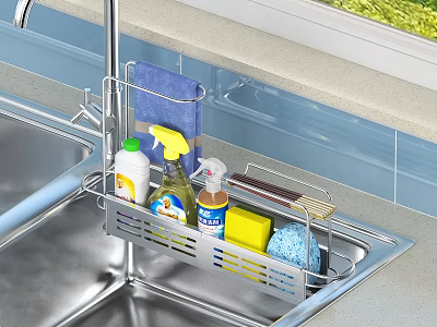 Kitchen Sink With Metal Rack Holding Cleaning Supplies Sponge And Dishcloth 3d model