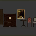 Vintage Wooden Entryway Cabinet And Side Cabinet With Patterned Rug Chairs Table Lamp And Artwork