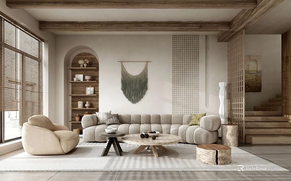 Cozy Living Room Interior with Beige Curved Sofa Wooden Coffee Table and Woven Wall Hanging 3d model 