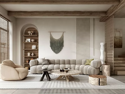 Cozy Living Room Interior with Beige Curved Sofa Wooden Coffee Table and Woven Wall Hanging 3d model
