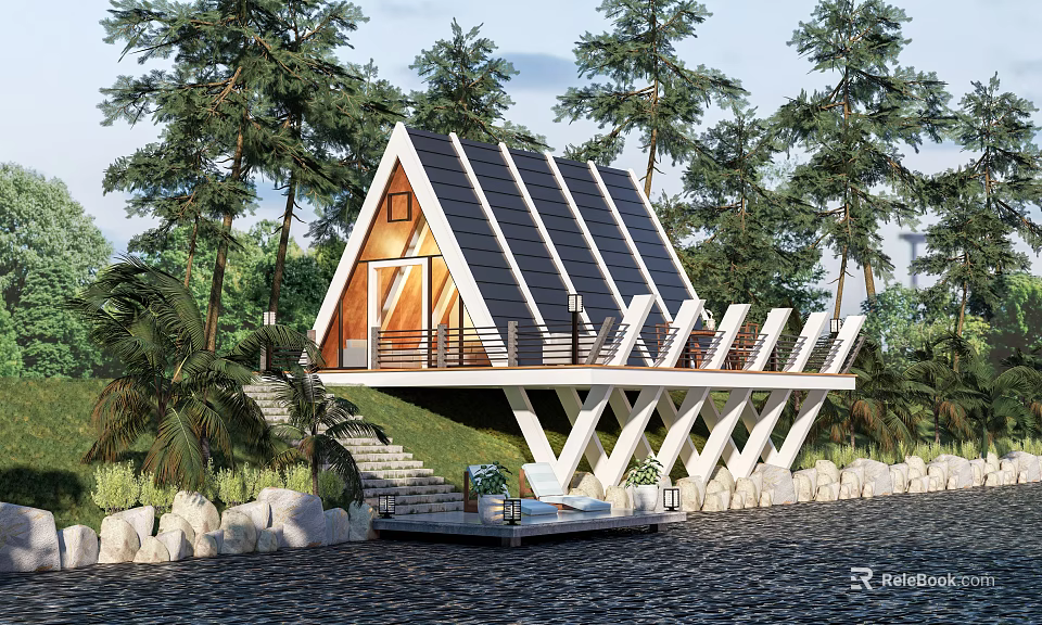 Modern Waterfront Vacation Home with Solar Panel Roof and Wooden Deck Surrounded by Trees 3d model 