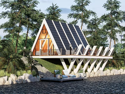 Modern Waterfront Vacation Home with Solar Panel Roof and Wooden Deck Surrounded by Trees 3d model