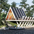 Modern Waterfront Vacation Home with Solar Panel Roof and Wooden Deck Surrounded by Trees