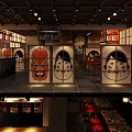 Traditional Japanese Restaurant Interior With Red Seats Wooden Tables And Hanging Lanterns