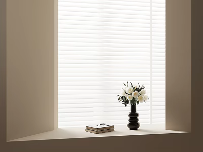 Window Sill With White Blinds Black Vase White Flowers And Books 3d model