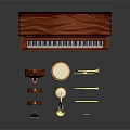 Collection Of Musical Equipment Featuring Mahogany Upright Piano Violins Guitars Saxophone Drum And Trumpet