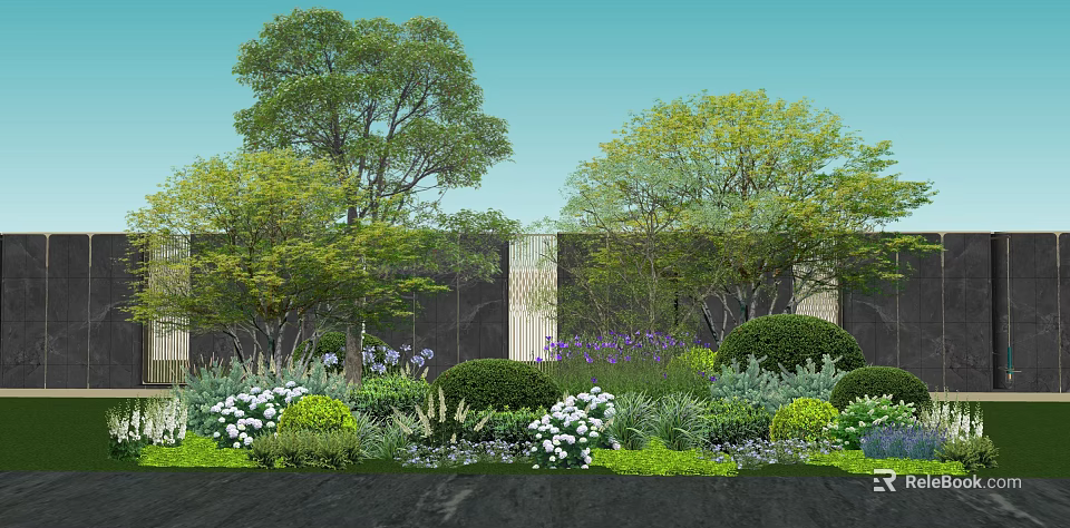 Lush Trees In Garden Landscape With Green Bushes Purple White Flowers And Decorative Wall 3d model 