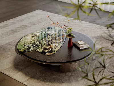 Modern Round Coffee Table With Green Pattern Top Red Vase Book And Plants On Rug 3d model