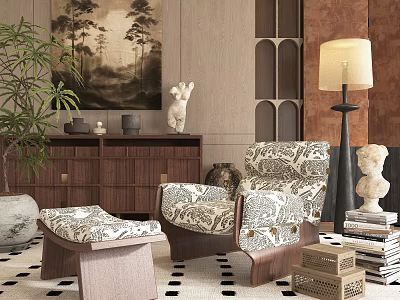 Modern Accent Lounge Chair With Matching Ottoman And Stylish Wall Art Near Floor Lamp 3d model