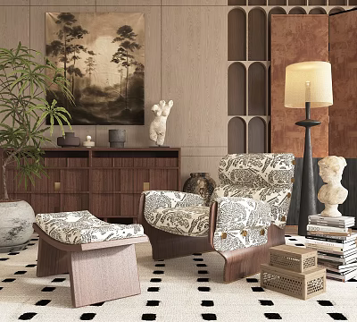 Modern Accent Lounge Chair With Matching Ottoman And Stylish Wall Art Near Floor Lamp 3d model