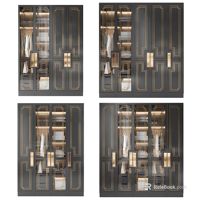 Modern Luxury Wardrobe Design With Glass Doors Gold Trim And Organized Storage Shelves 3d model 
