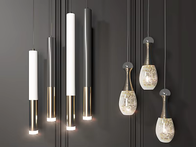 Modern Pendant Lights with Cylindrical and Glass Designs Featuring Gold Accents for Interior Decor 3d model