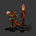 Armored Warrior Fire Elemental And Green Clawed Monster On Lava Platform With Flames