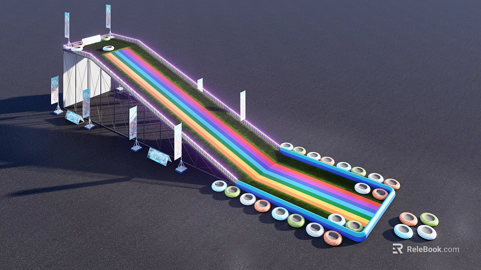 Rainbow Colored Inflatable Slide Play Equipment With Surrounding Tires And Flags 3d model 
