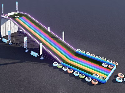 Rainbow Colored Inflatable Slide Play Equipment With Surrounding Tires And Flags 3d model