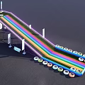Rainbow Colored Inflatable Slide Play Equipment With Surrounding Tires And Flags