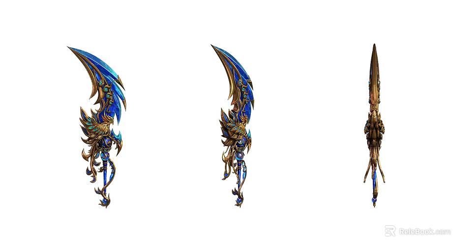 Ornate Mythical Weapons With Blue Gold Accents And Intricate Decorative Designs 3d model 