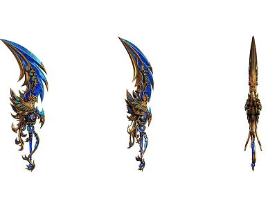 Ornate Mythical Weapons With Blue Gold Accents And Intricate Decorative Designs 3d model