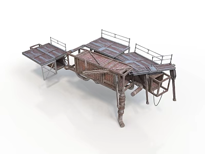 Vintage Industrial Platform Structure With Metal Railings Roof Panels And Supporting Posts 3d model