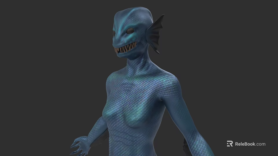 Aquatic Creature With Blue Scaly Skin Humanoid Form Fish Fin Ears And Sharp Teeth 3d model 