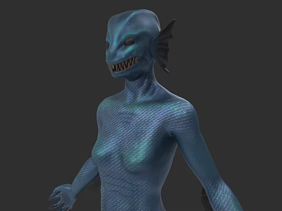 Aquatic Creature With Blue Scaly Skin Humanoid Form Fish Fin Ears And Sharp Teeth 3d model