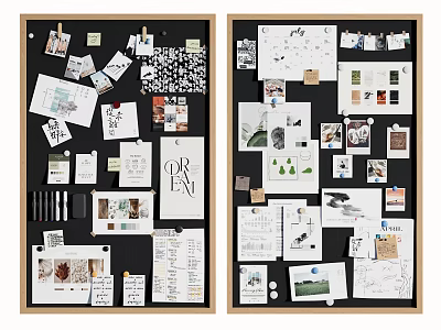 Creative Pinned Bulletin Board Display with Musical Instruments Art Supplies and Sketches 3d model