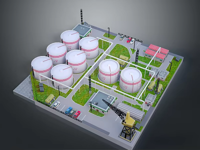 Industrial Storage Tank Facility Layout With Green Areas Vehicles And Equipment Model 3d model