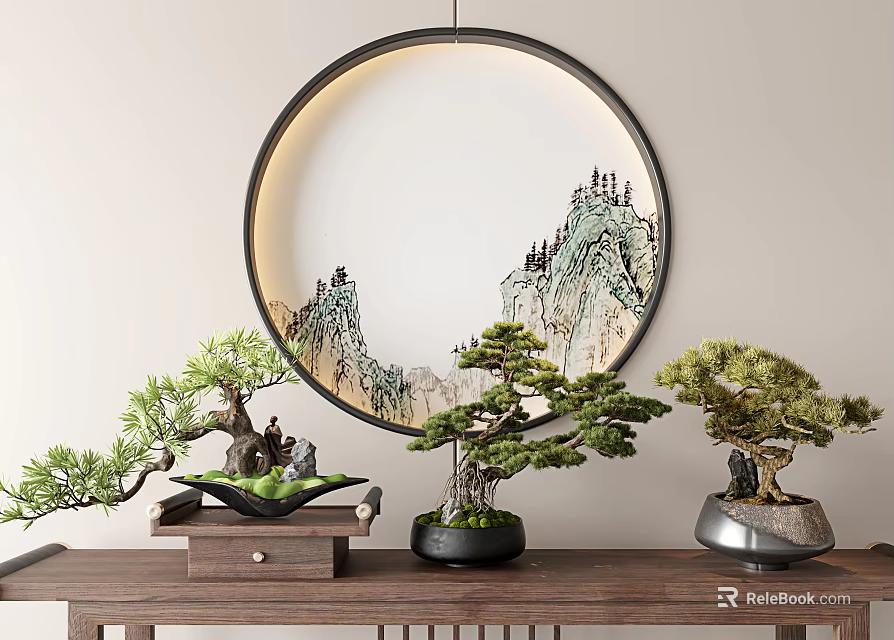Elegant Bonsai Plants Arranged On Wooden Table With Illuminated Circular Wall Art 3d model 