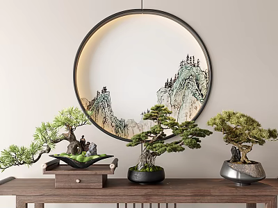 Elegant Bonsai Plants Arranged On Wooden Table With Illuminated Circular Wall Art 3d model