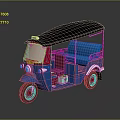 Blue Auto Rickshaw Tricycle With Black Roof Red Wheels Checkered Seats And Yellow License Plate