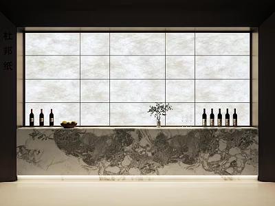 Dupont Paper Background Wall with Square Panel Design Marble Countertop and Wine Bottles Decorations 3d model