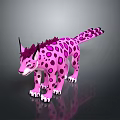 Pink Feline Fantasy Creature with Purple Spots Pointed Ears Mane and Long Tail White Paws