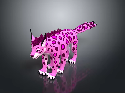 Pink Feline Fantasy Creature with Purple Spots Pointed Ears Mane and Long Tail White Paws 3d model