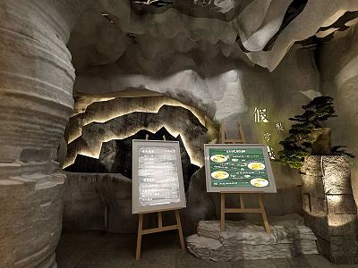 Cave Style Cafe Interior With Stone Walls Illuminated Lighting And Wooden Menu Boards 3d model