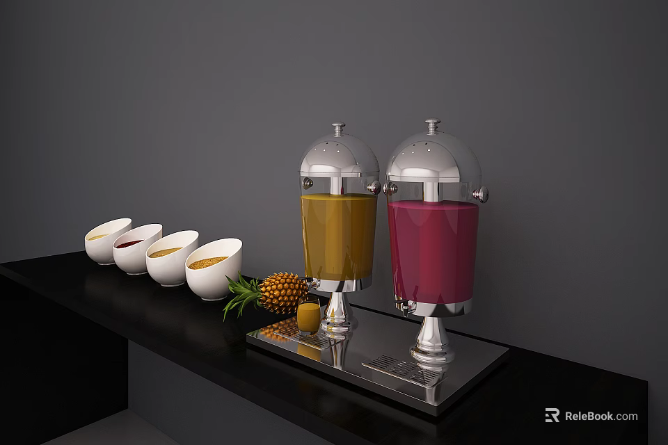 Beverage Dispensers with Yellow and Red Drinks on Black Countertop with White Bowls and Pineapple 3d model 