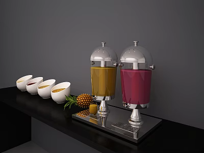 Beverage Dispensers with Yellow and Red Drinks on Black Countertop with White Bowls and Pineapple 3d model