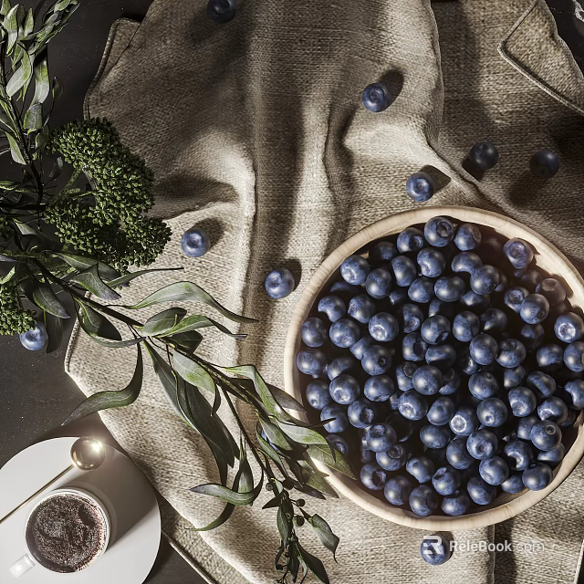 Fresh Ripe Blueberries in a Bowl with Green Leaves on Linen Cloth Dark Background 3d model 