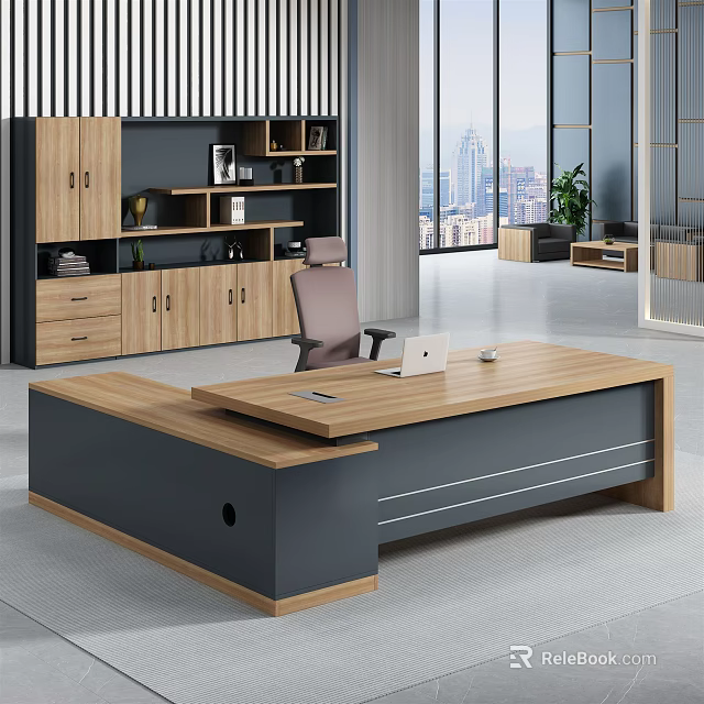 Modern Office Desk With Wooden Top Bookshelf Ergonomic Chair And City View 3d model 