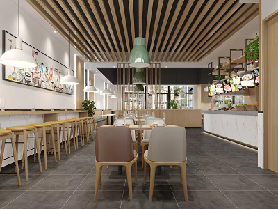 Modern Restaurant Interior With Wooden Slat Ceiling Green Pendant Light Bar Area And Dining Seats 3d model