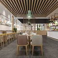 Modern Restaurant Interior With Wooden Slat Ceiling Green Pendant Light Bar Area And Dining Seats