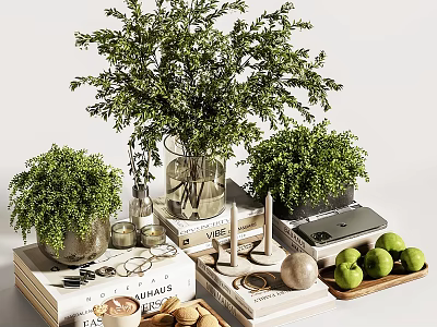 Stylish Decorative Ornament Combination With Green Plants Glass Vase Books And Fruits 3d model