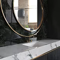 Modern Washbasin Vanity With Round Mirror Marble Countertop And Black Gold Accents
