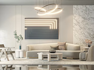 Modern Living Room With Beige Sofa And White Coffee Table Set Decorative Painting And Chandelier 3d model