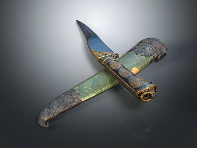 Decorative Traditional Knife With Intricate Engraved Sheath And Golden Accents 3d model