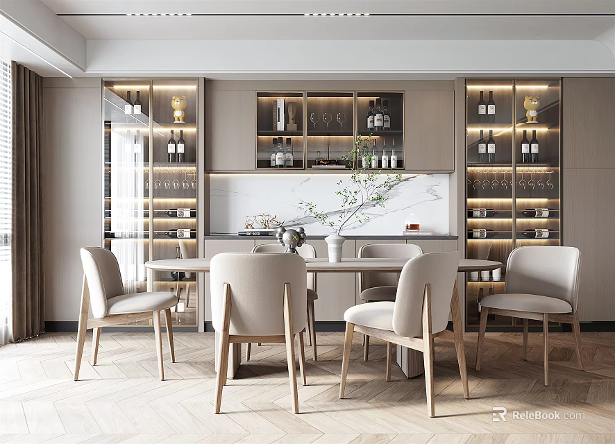 Modern Restaurant Interior Design With Open Dining Table Chairs And Wine Cabinet 3d model