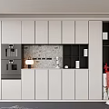 Modern Sideboard with White Cabinets Black Open Shelves Built-in Appliances and Decorative Items