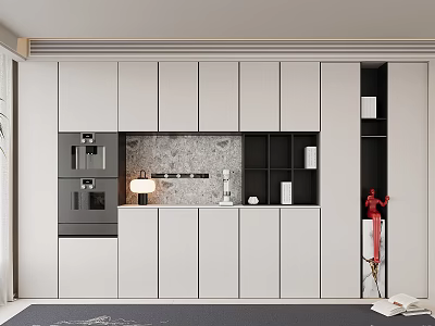 Modern Sideboard with White Cabinets Black Open Shelves Built-in Appliances and Decorative Items 3d model